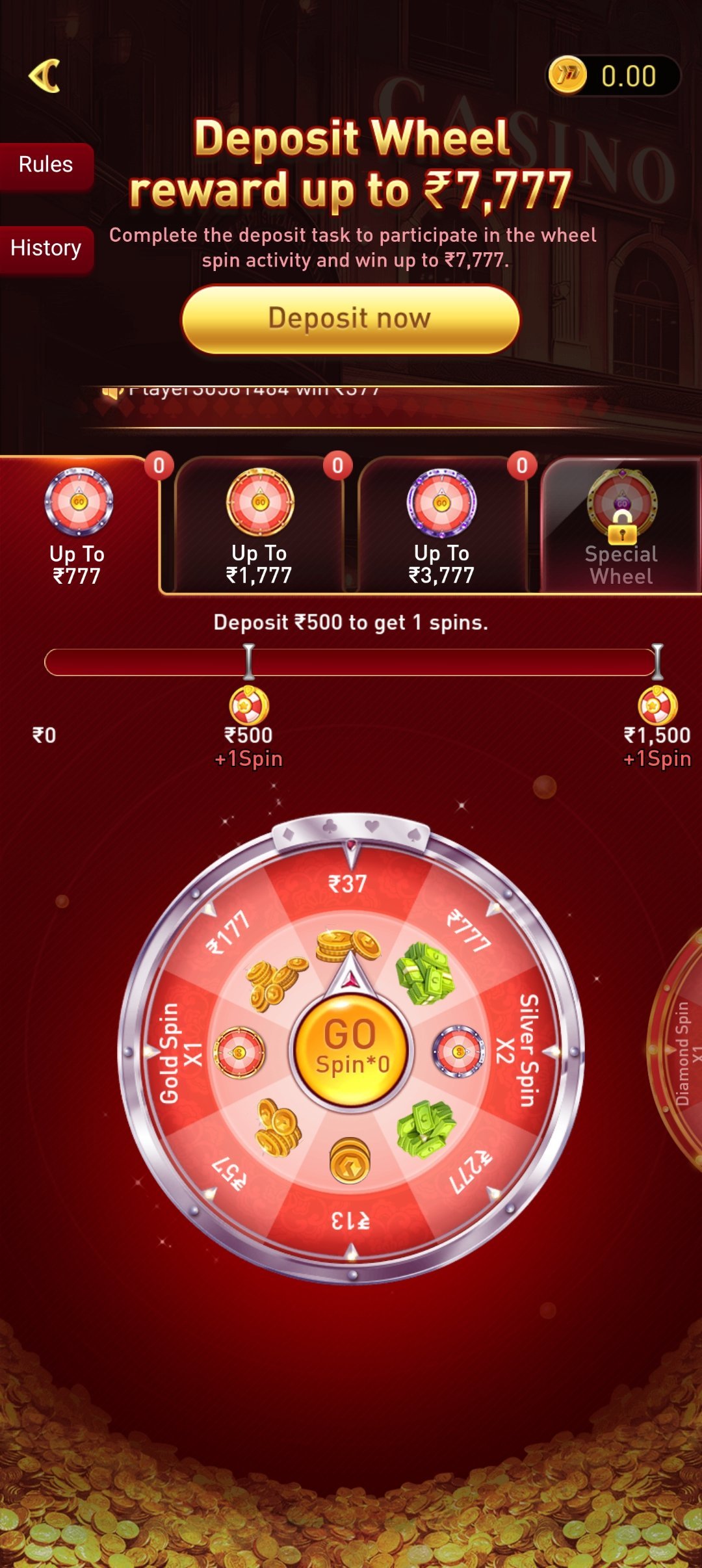 pggplay app — Deposit Wheel screen